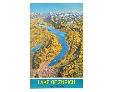 Original vintage travel poster for Lake of Zurich in Switzerland featuring an image of the lake and surrounding areas, with t