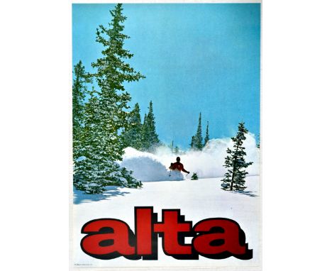Original vintage ski travel poster advertising Alta Ski resort featuring a great image of a man in an orange ski suit skiing 