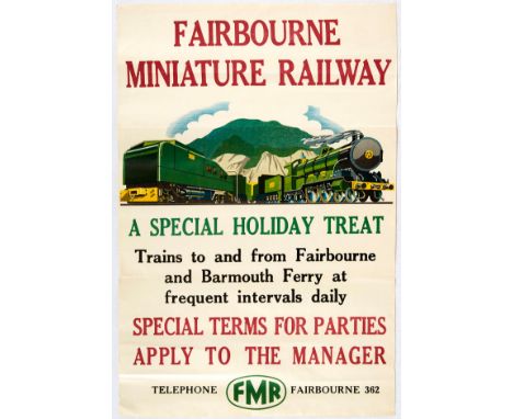 Original vintage advertising poster promoting trips to the Fairbourne Minature Railway.  Great image of a steam locomotive st