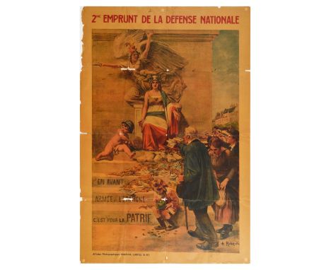 Original antique World War One propaganda poster 2nd National Defence Loan / 2me Emprunt de la Defence Nationale featuring a 
