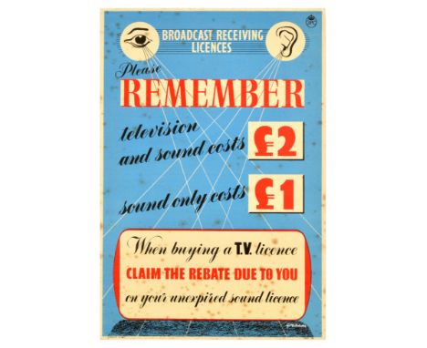 Original vintage advertising poster for Broadcast Receiving Licenes by the GPO General Post Office - Please remember televisi