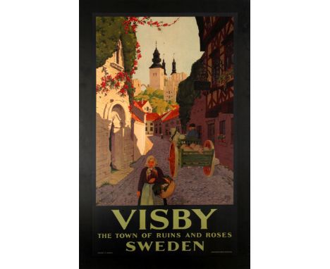 Original vintage travel poster for Visby in Sweden, a medieval town located on the island of Gotland in the Baltic Sea, known