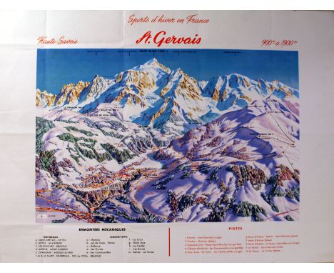 Original vintage travel poster for St Gervais, winter sport piste map of the mountains with Mont Blanc in the centre, Haute-S