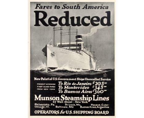 Original vintage travel advertising poster for Munson Steamship Lines: Fares to South America Reduced New Palatial U.S. Gover