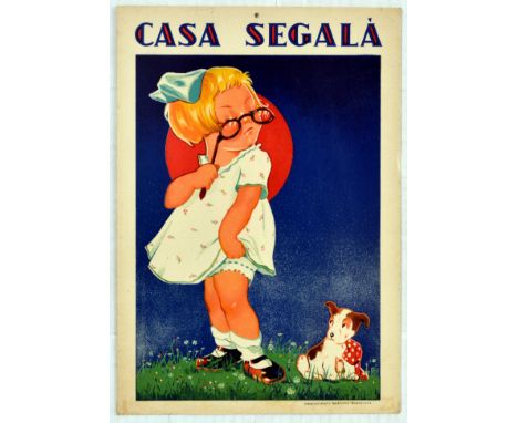 Original vintage advertising poster for the eye glasses company Casa Segala - Great artwork features a young girl looking thr
