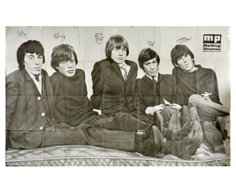 Original vintage fan club music advertising poster for Rolling Stones featuring a photograph of Bill Wyman, Mick Jagger, Bria