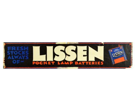 Original vintage advertising poster for Lissen - Fresh stocks always of Lissen pocket lamp batteries - featuring an illustrat