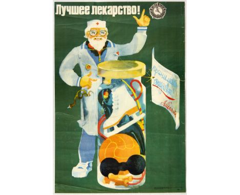 Original vintage propaganda poster issued in the Soviet Union with text: Best Medicine!  Image of a doctor cheering for a bot