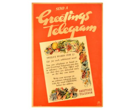 Original vintage GPO General Post Office advertising poster - Send a Greetings Telegram. Twelve words for 2/-, 1 1/2d for eac
