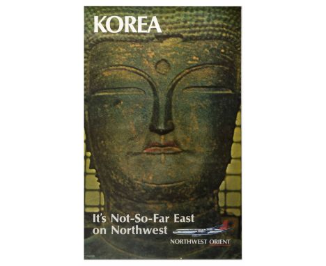 Original vintage travel advertising poster issued by the Northwest Airlines promoting travel to Korea - It's Not-So-Far East 