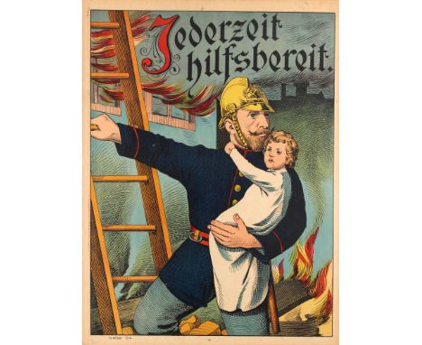 Original antique poster promoting the German firefighter service - Always Helpful / Jederzeit Hilfsbereit - featuring great a