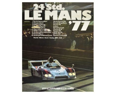 Original vintage motorsport poster for Porsche at 24 Heures Le Mans 1977 featuring a photo of a Porsche 936 race car driving 