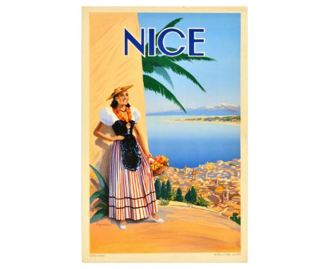 Original vintage travel poster for Nice on the French Riviera featuring an illustration of a smiling lady holding a basket wi