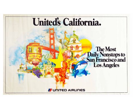 Original vintage travel poster for California issued by United Airlines - United's California. The Most Daily Nonstops to San