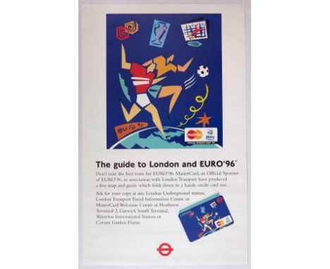 Original vintage advertising poster published by Mastercard, an official sponsor of Euro '96, to advertise a free travel map 