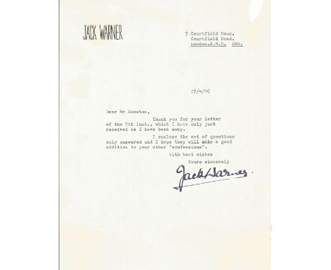 Actor Jack Warner signed and dated headed paper enclosing the answers to a questionnaire he was sent not present. Jack Warner