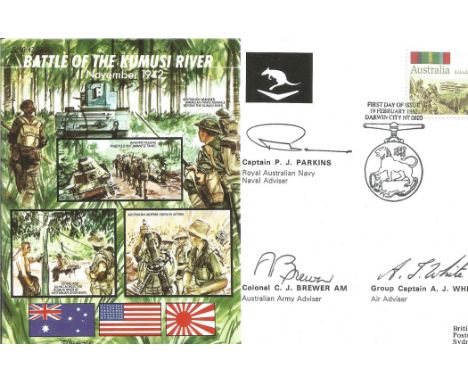 Cpt P J Perkins, Colonel C J Brewer AM. and Group Cpt A J White Multi Signed Commemorative First Day Cover Battle of the Kumu