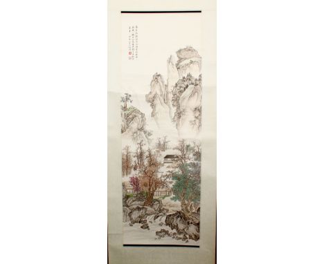 A GOOD CHINESE HANGING SCROLL PAINTING OF A LANDSCAPE, the paining depicting scenes of a native landscape with calligraphy to