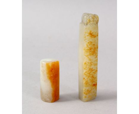 TWO GOOD CHINESE CARVED JADE ITEMS, one carved as a cylindrical spacer, 3.5cm,  Also with a carved jade pendant with carved b