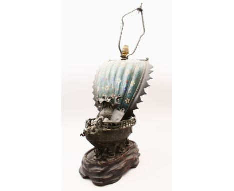 A GOOD JAPANESE MEIJI PERIOD BRONZE &amp; CLOISONNE TREASURE BOAT, the boat with its mast out and decorated with cloisonne in