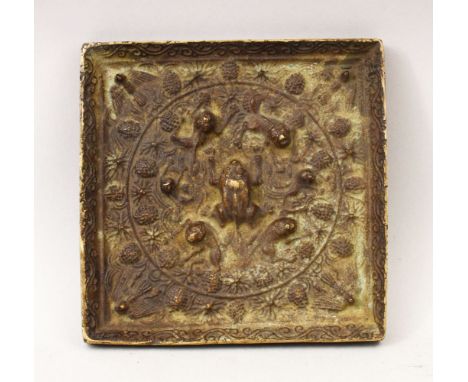 A GOOD 19TH CENTURY OR EARLIER CHINESE BRONZE MIRROR, of square from, with cast bat decoration and birds, 14cm square.