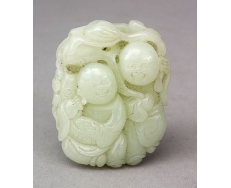 A GOOD 19TH CENTURY CHINESE CARVED CELADON JADE PEBBLE OF TWO BOYS, carved to depict two laughing boys amongst bats and folia