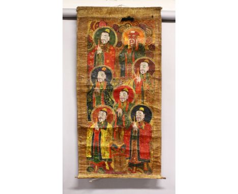 AN 18TH / 19TH CENTURY CHINESE HAND PAINTED SCROLL OF SEVEN IMMORTAL FIGURES, the scroll painted to depict seven immortal fig