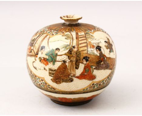 A JAPANESE MEIJI PERIOD GLOBULAR SATSUMA VASE, the vase with panel decoration depictin scenes of figures both interior and ex