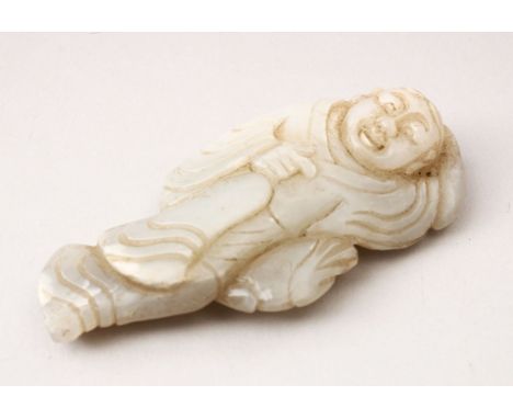 A GOOD 19TH / 20TH CENTURY CHINESE CARVED JADE PENDANT OF A MAN, the carving depicting a stood immortal figure, 9cm.