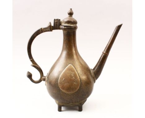A GOOD 19TH CENTURY ISLAMIC BRONZE LIDDED EWER, with a droplet floral carved cartouche each side with further floral decorati