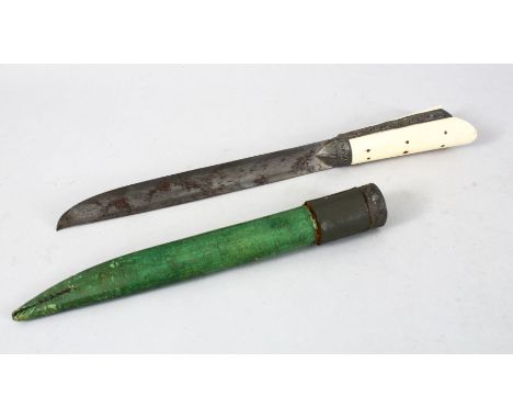 A GOOD 19TH CENTURY ISLAMIC / PERSIAN BONE HANDLED DAGGER, in its metal mounted and leather bound sheath, with carved blade a