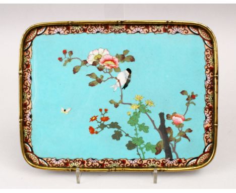 A GOOD JAPANESE MEIJI PERIOD CLOISONNE TRAY ATTRIBUTED TO NAMIKAWA SOSUKE, the tray with a bronze bamboo formed frame housing