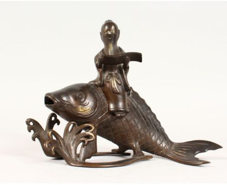 A GOOD JAPANESE MEIJI PERIOD BRONZE KORO OF EBISU - LUCKY GOD &amp; FISH, the censer formed from the body of the carp fish, w