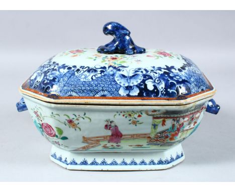 AN 18TH CENTURY QIANLONG FAMILLE ROSE / MANDARIN PORCELAIN TUREEN &amp; COVER, the body of the base with blue &amp; white dec