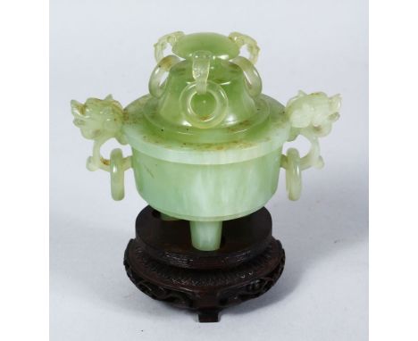A SMALL 19TH / 20TH CENTURY CHINESE CARVED JADE CENSER &amp; COVER, the censer with triple feet, lion dog &amp; ring handles,