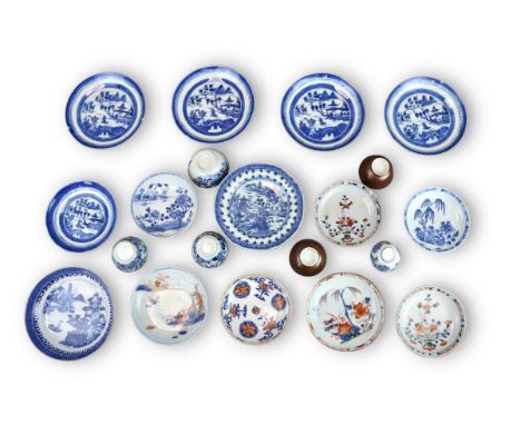 9 saucers with landscapes painted in blue and white, 6 in Imari style in iron red and underglaze blue and white, and 6 cups w