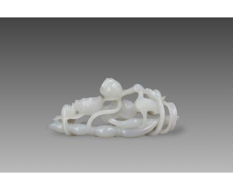 A White Jade Lotus Flower and Root, Qing dynasty L:12cm, H:5.1cm, THK:1.8cm Good condition and of good even tone,  with a ver