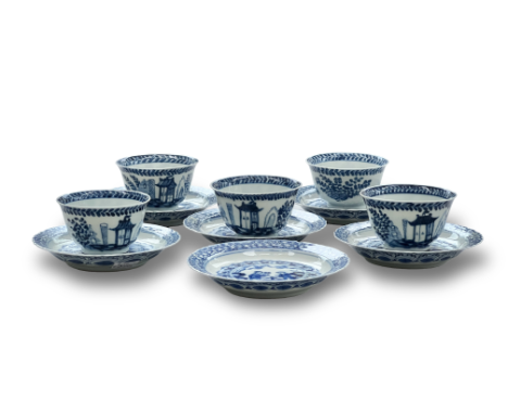 &nbsp;Five blue and white cups and saucers, 18th/19th century, and another saucer