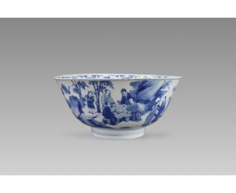well painted in rich cobalt blue tones with a continuous scene of scholars playing chess, chatting and playing instrument in 