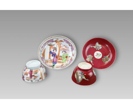 One set with formal borders enclosing figure scenes both on saucer and cup; the other bearing three butterflies in 'famille-r