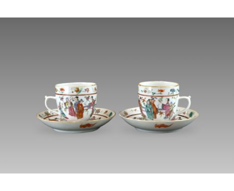 each coffee cup and saucer well painted with a festive scene of gentlemen and ladies carrying flowers, below a border of scat