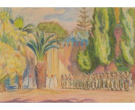 •ALEXANDER GRAHAM MUNRO RSW (SCOTTISH 1903-1985) FOREIGN LEGION GUARD OF HONOUR, FEZ Pastel, signed, inscribed and dated, 43,