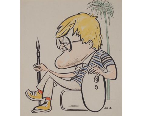 •EMILIO COIA FRSE, LLD (SCOTTISH 1911-1997) PORTRAIT OF DAVID HOCKNEY ink and watercolour, signed, 27 x 25cm Condition Report
