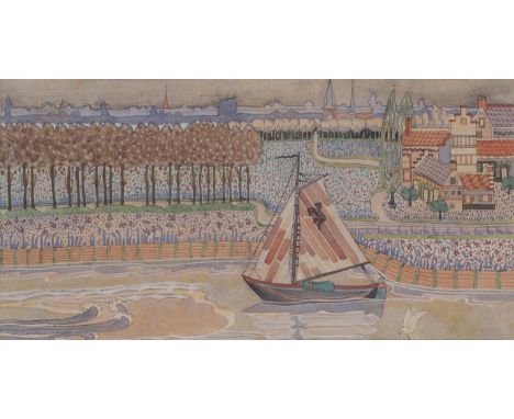 GEORGE DUTCH DAVIDSON (BRITISH 1879-1901) BOATS ON A RIVER watercolour, 13 x 25cm Condition Report: On close inspection under