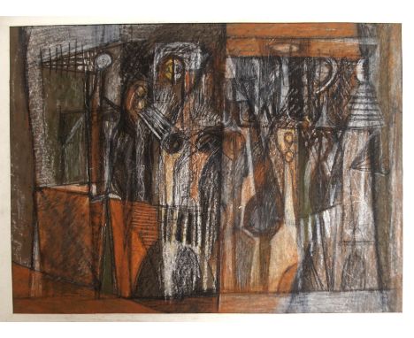 •CHARLES PULSFORD ARSA (SCOTTISH 1912-1989) MACHINES Conte and pastel, signed with initials, inscribed and dated on the mount