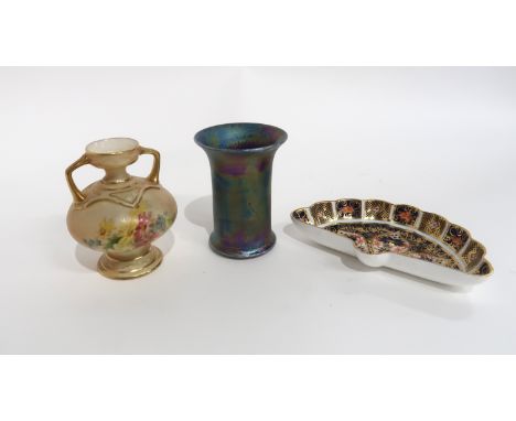 A SMALL RUSKIN IRIDESCENT GLAZED VASE 7.5cm high, a Royal Crown Derby fan dish and a miniature Royal Worcester vase decorated