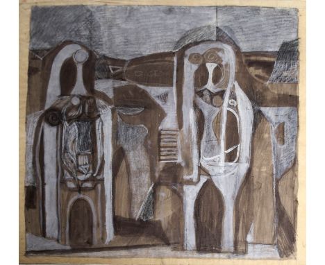 •CHARLES PULSFORD ARSA (SCOTTISH 1912-1989) ABSTRACT FIGURES Chalk and pastel, signed with initials, unframed, 46 x 58cm Cond