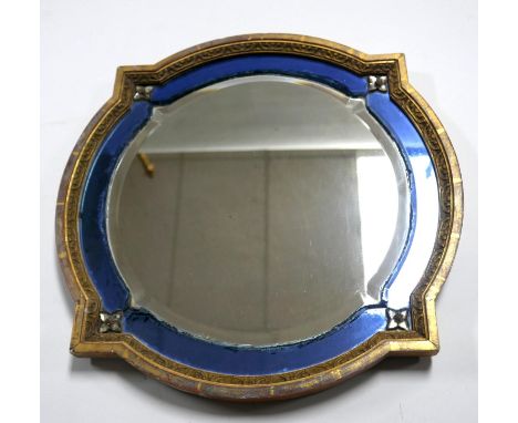An Art Deco gilt wood mirror, with beveled plates and blue glass slips, 52 x 52cm 