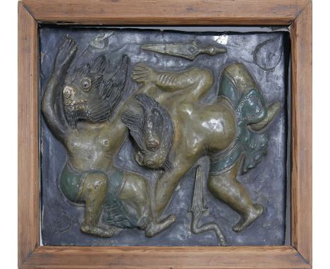 A 19th century Burmese glazed ceramic panel in an oak frame, H.31 W.40cm 