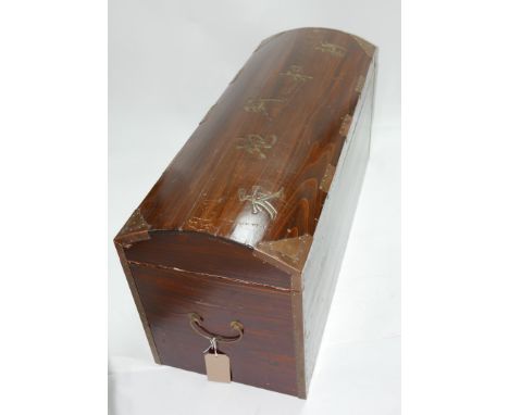 A carved and brass bound Chinese domed top trunk with lift off lid. L.107cm 